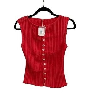 Free People Fire Engine Red Ribbed Button Up Sleeveless Crop Top  NWT Size S
